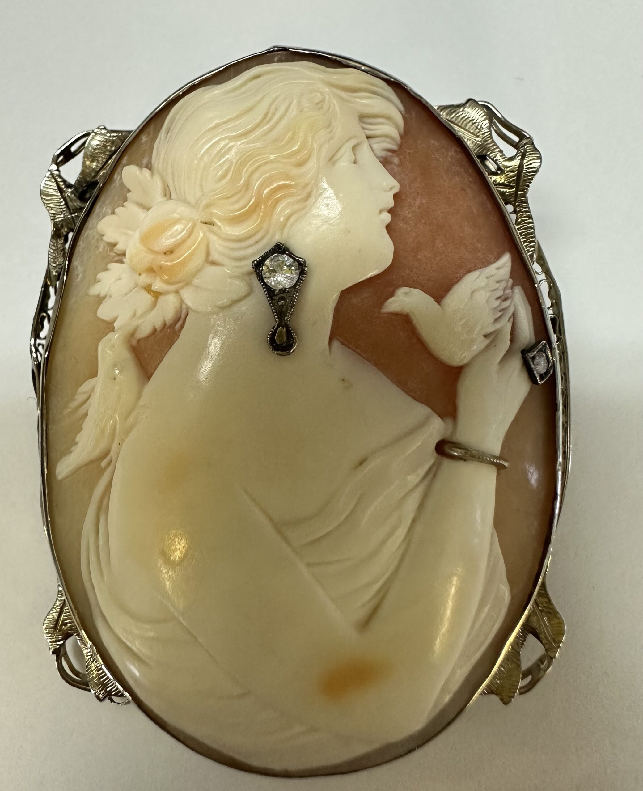 Antique 14k White Gold Filigree Woman With Jewelry Cameo - Image 4