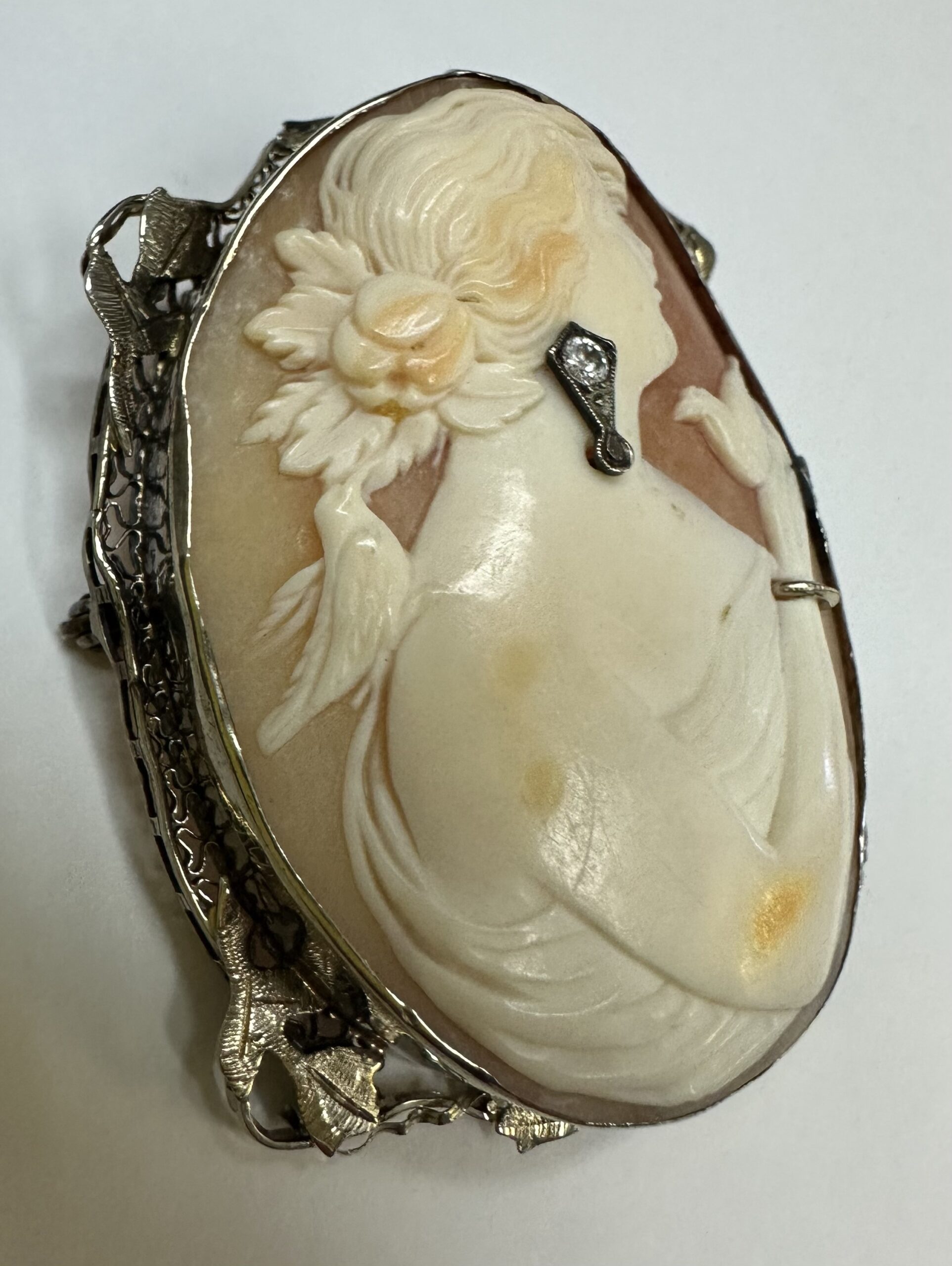 Antique 14k White Gold Filigree Woman With Jewelry Cameo - Image 6