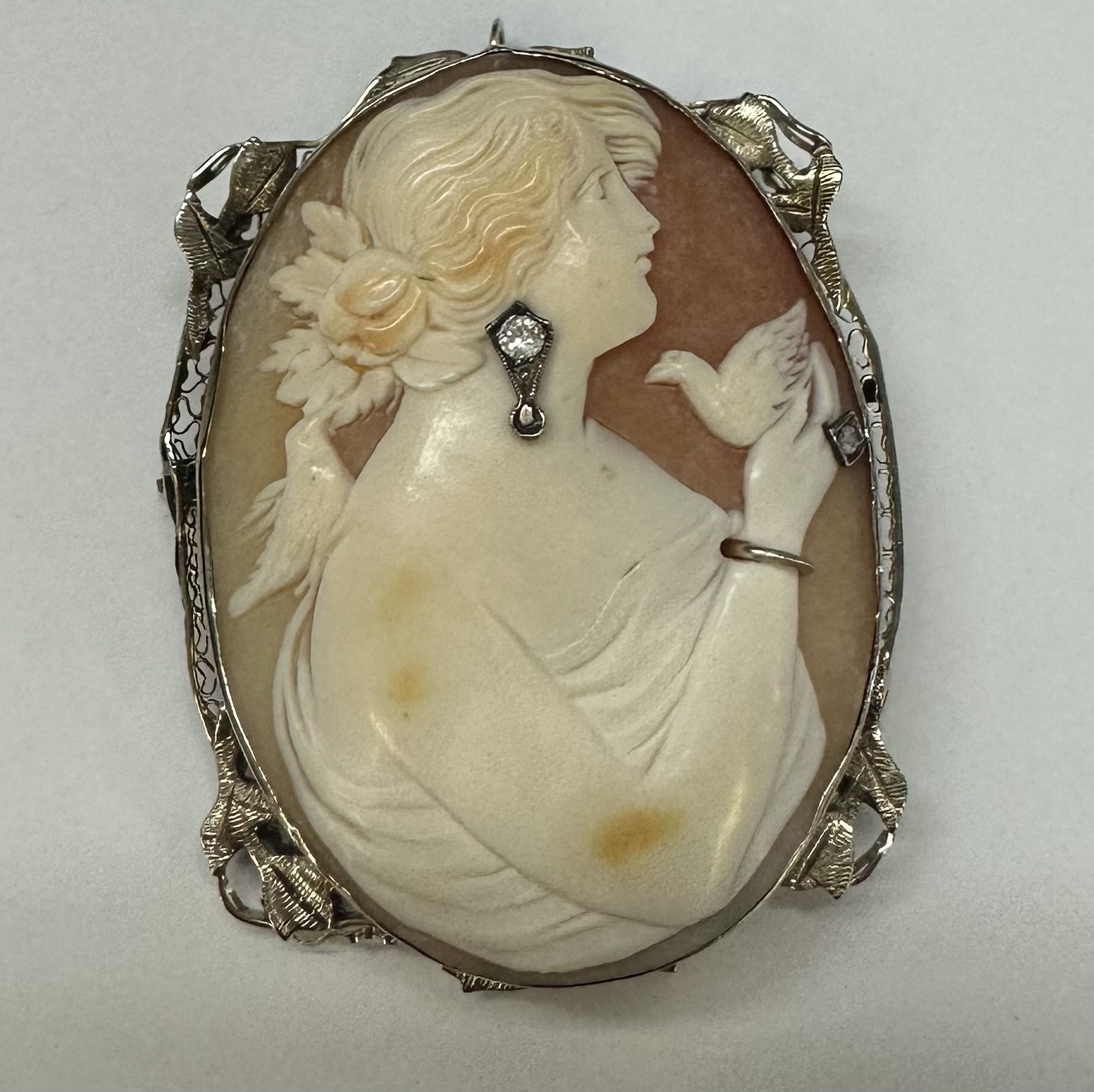 Antique 14k White Gold Filigree Woman With Jewelry Cameo - Image 13