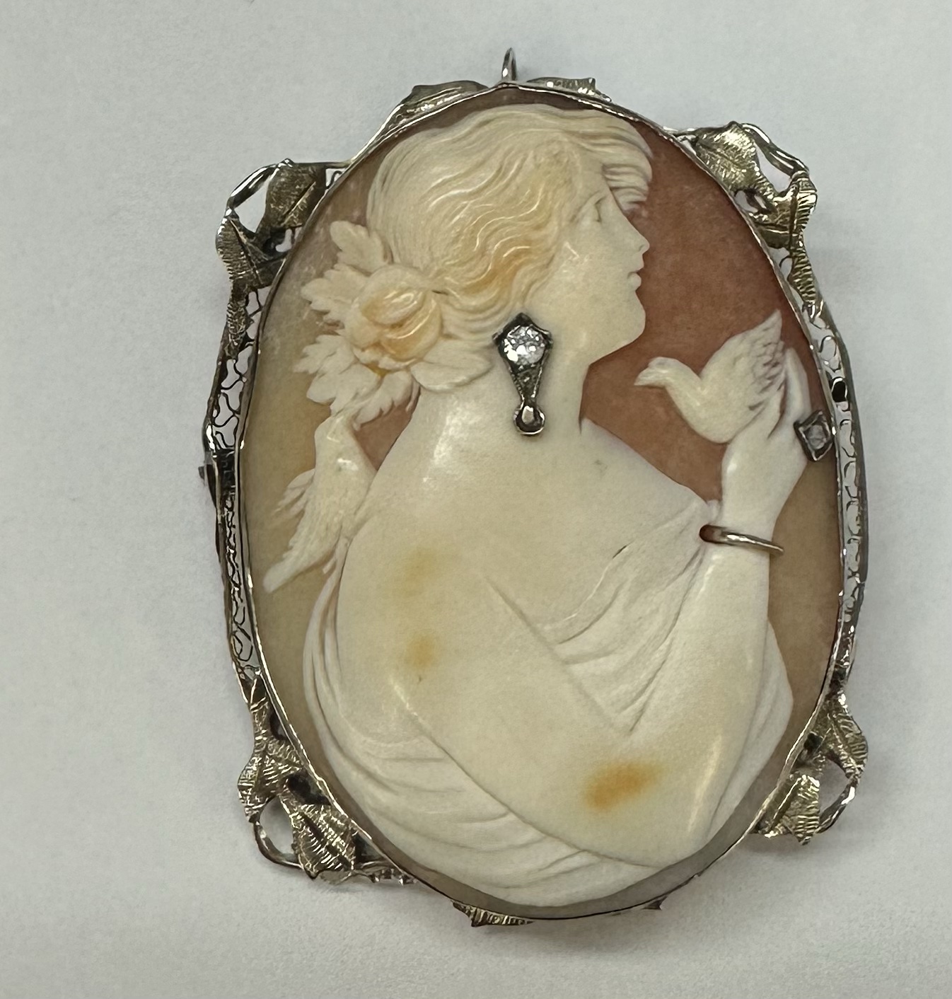 Antique 14k White Gold Filigree Woman With Jewelry Cameo - Image 14