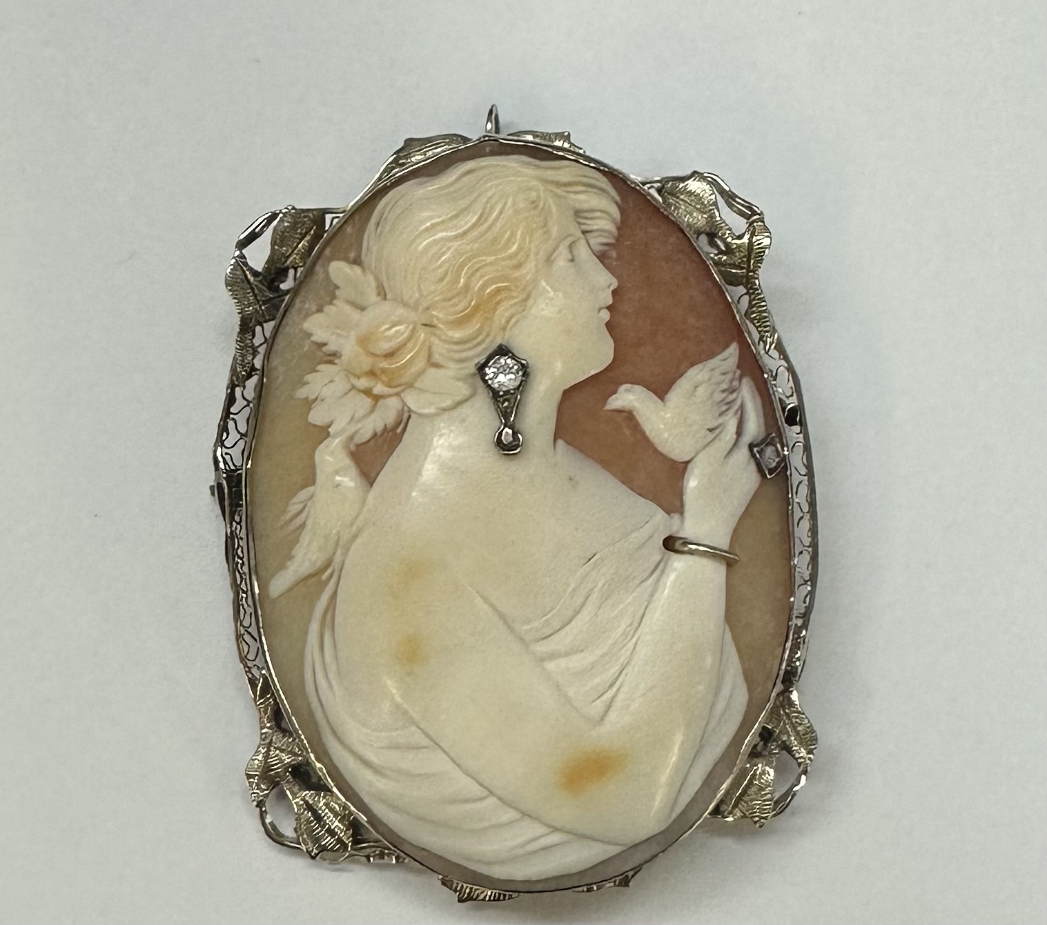 Antique 14k White Gold Filigree Woman With Jewelry Cameo - Image 15