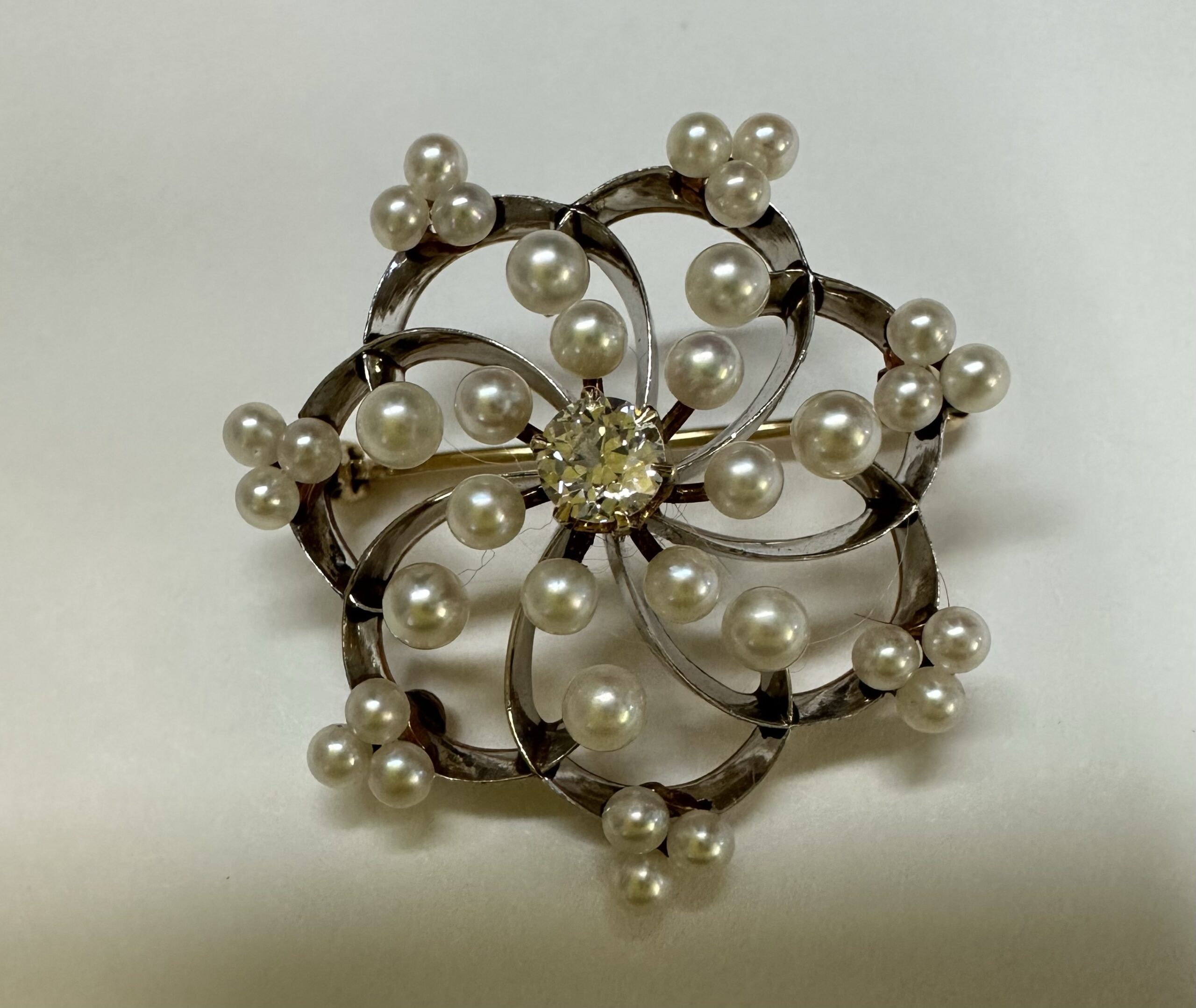 Vintage 14K Custom Pearl & Diamond Brooch