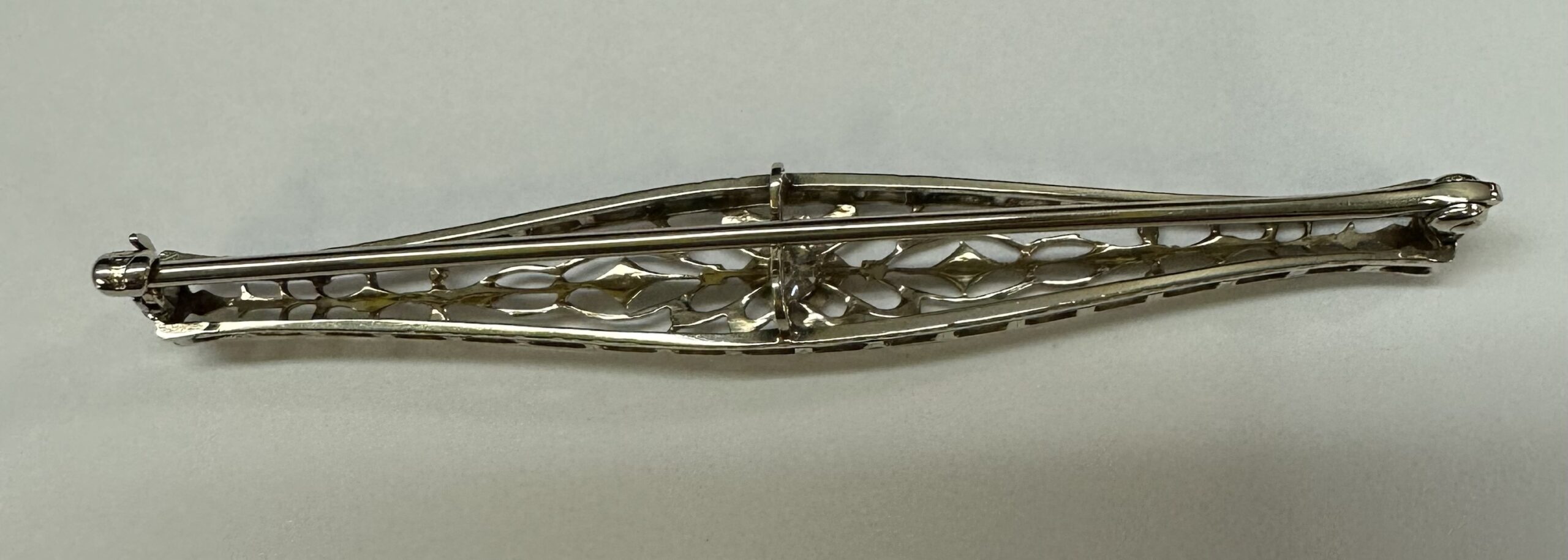 Vintage 14k White Gold Filigree Bar Pin With Diamond Accent - Image 19