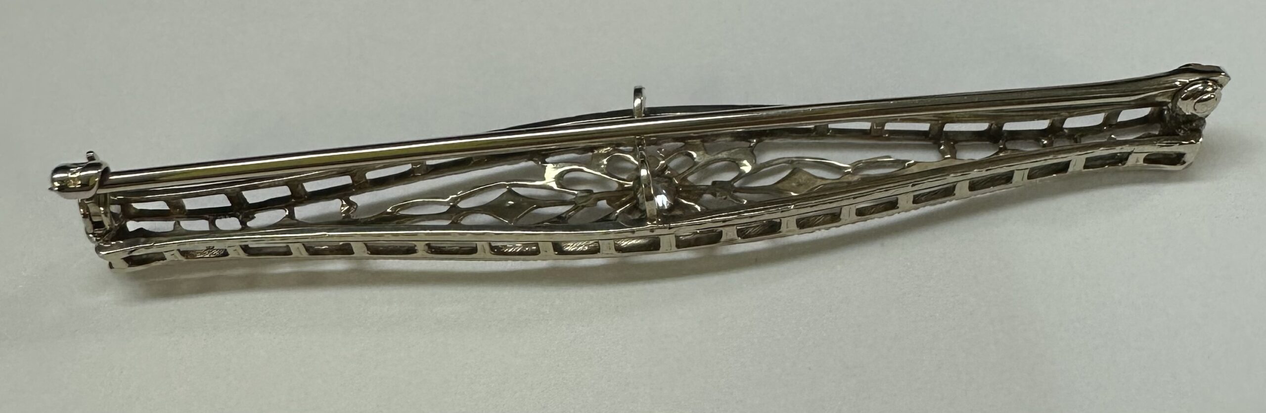 Vintage 14k White Gold Filigree Bar Pin With Diamond Accent - Image 20