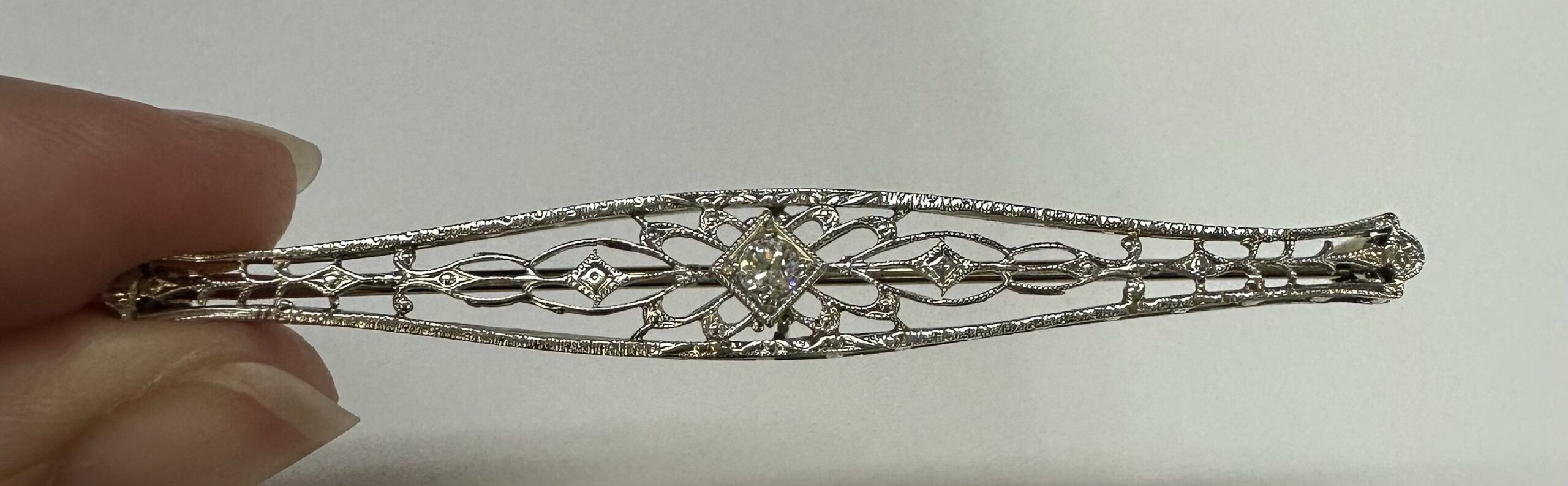Vintage 14k White Gold Filigree Bar Pin With Diamond Accent - Image 16