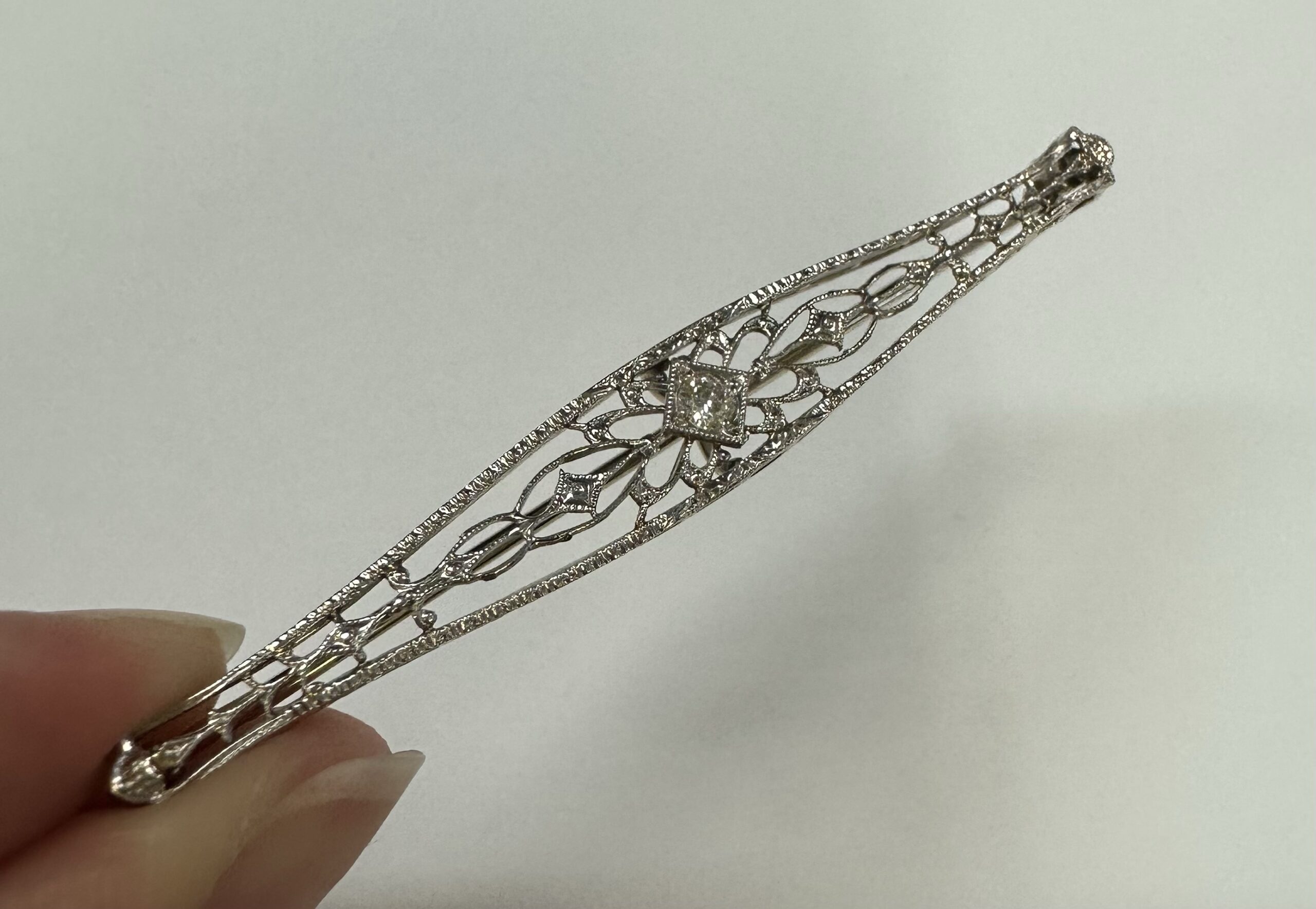 Vintage 14k White Gold Filigree Bar Pin With Diamond Accent - Image 14