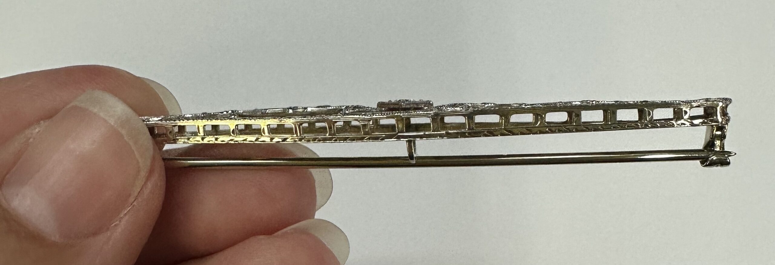 Vintage 14k White Gold Filigree Bar Pin With Diamond Accent - Image 11