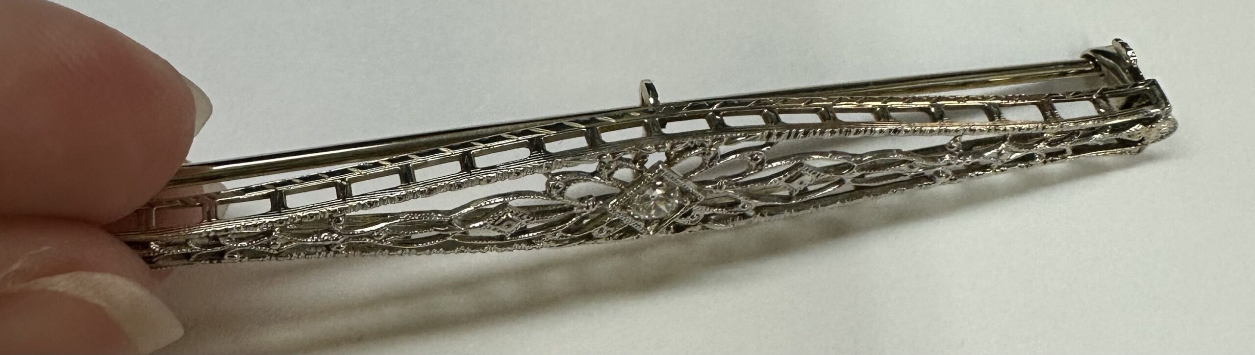 Vintage 14k White Gold Filigree Bar Pin With Diamond Accent - Image 3