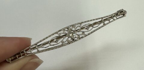 Vintage 14k White Gold Filigree Bar Pin With Diamond Accent