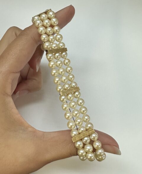 Vintage Triple Strand Cultured Akoya Pearl & 14k Yellow Gold Bracelet