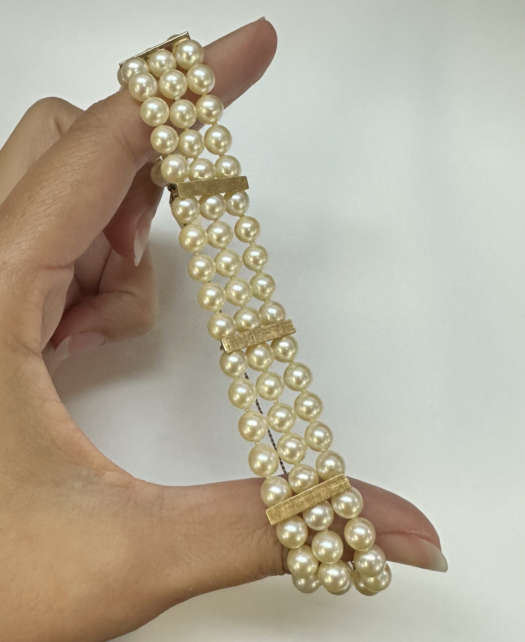 Vintage Triple Strand Cultured Akoya Pearl & 14k Yellow Gold Bracelet –  Exeter Jewelers
