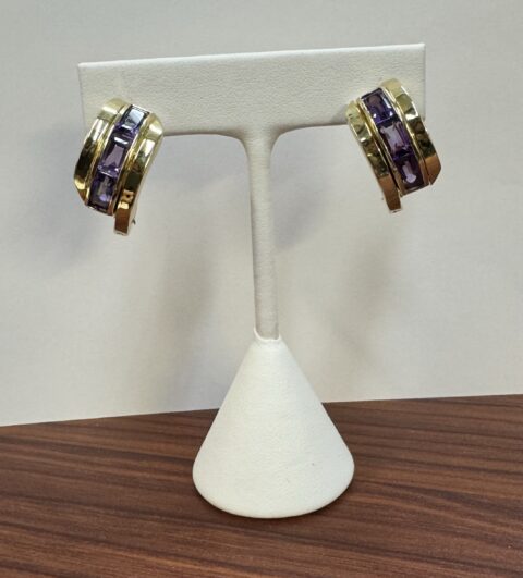 18k Yellow Gold Hoop Earrings With Genuine Amethyst Accents