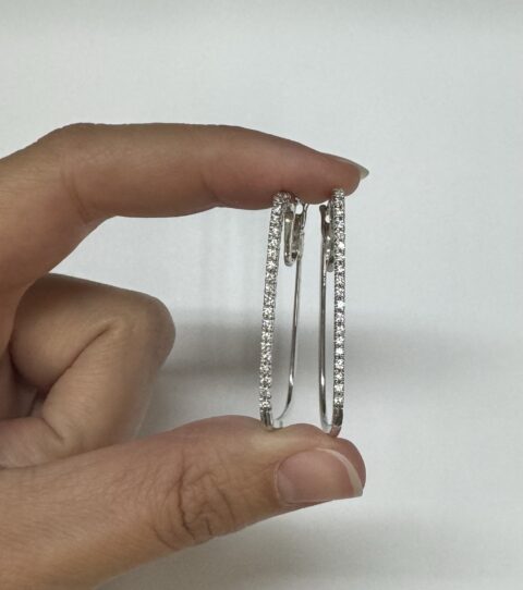 18k White Gold CZ Accented Rectangular Shaped Hoop Earrings