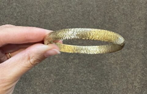 18k Yellow Gold Oval-Shaped, Hinged Bangle Bracelet With Bead Blast Style Finish