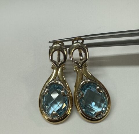 18k Yellow Gold Genuine Blue Topaz Post & Clip Earrings