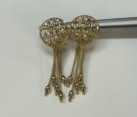 18k Yellow Gold Filigree Disc & Mesh Dangle Post & Clip Earrings With Bead Accents