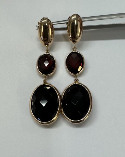 18k Rose Gold Genuine Onyx & Garnet Dangle Earrings From Italy
