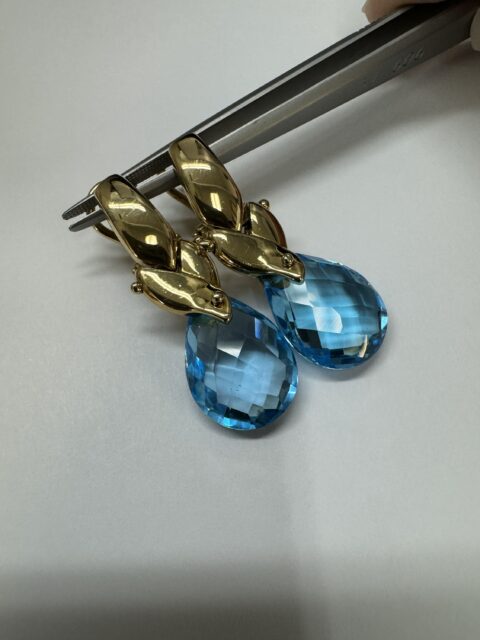 18k Yellow Gold Genuine Blue Topaz Post & Clip Dangle Earrings