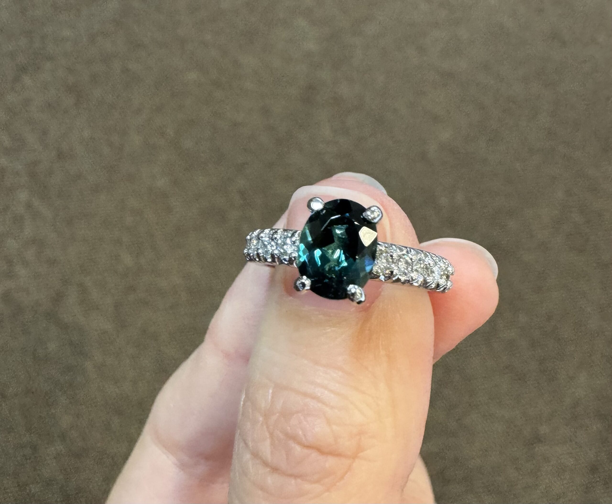 Grey-Blue Tourmaline and Diamond Engagement Ring
