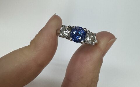 Platinum Genuine 1.42 Cttw Sapphire & .80 Cttw Diamond Three Stone Ring