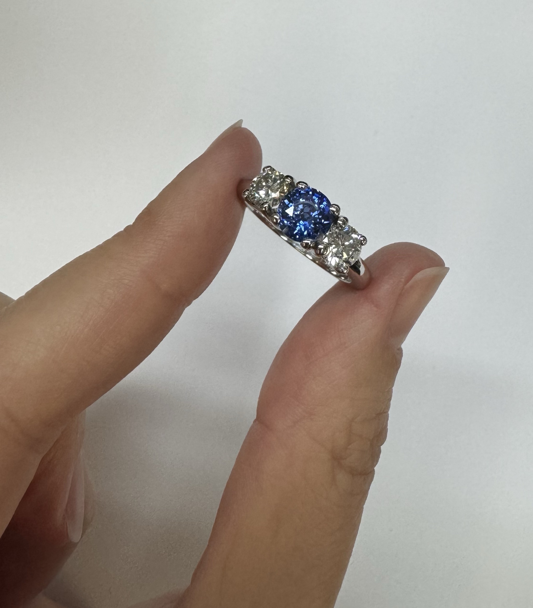 Platinum Genuine 1.42 Cttw Sapphire & .80 Cttw Diamond Three Stone Ring - Image 7