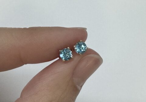 14k Yellow Gold Genuine 4 MM Swiss Blue Topaz Stud Earrings