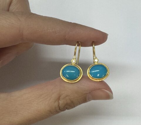 24k & 18k Yellow Gold Genuine 4.05 Cttw Turquoise & Diamond Bezel Set Dangle Earrings