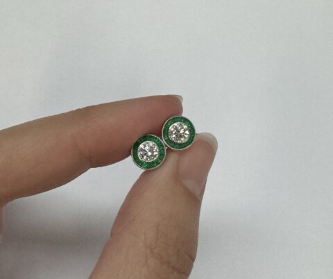 14k White Gold Genuine .58 Cttw Round Brilliant Cut Diamond & Fancy Cut Emerald Bezel Set Stud Earrings