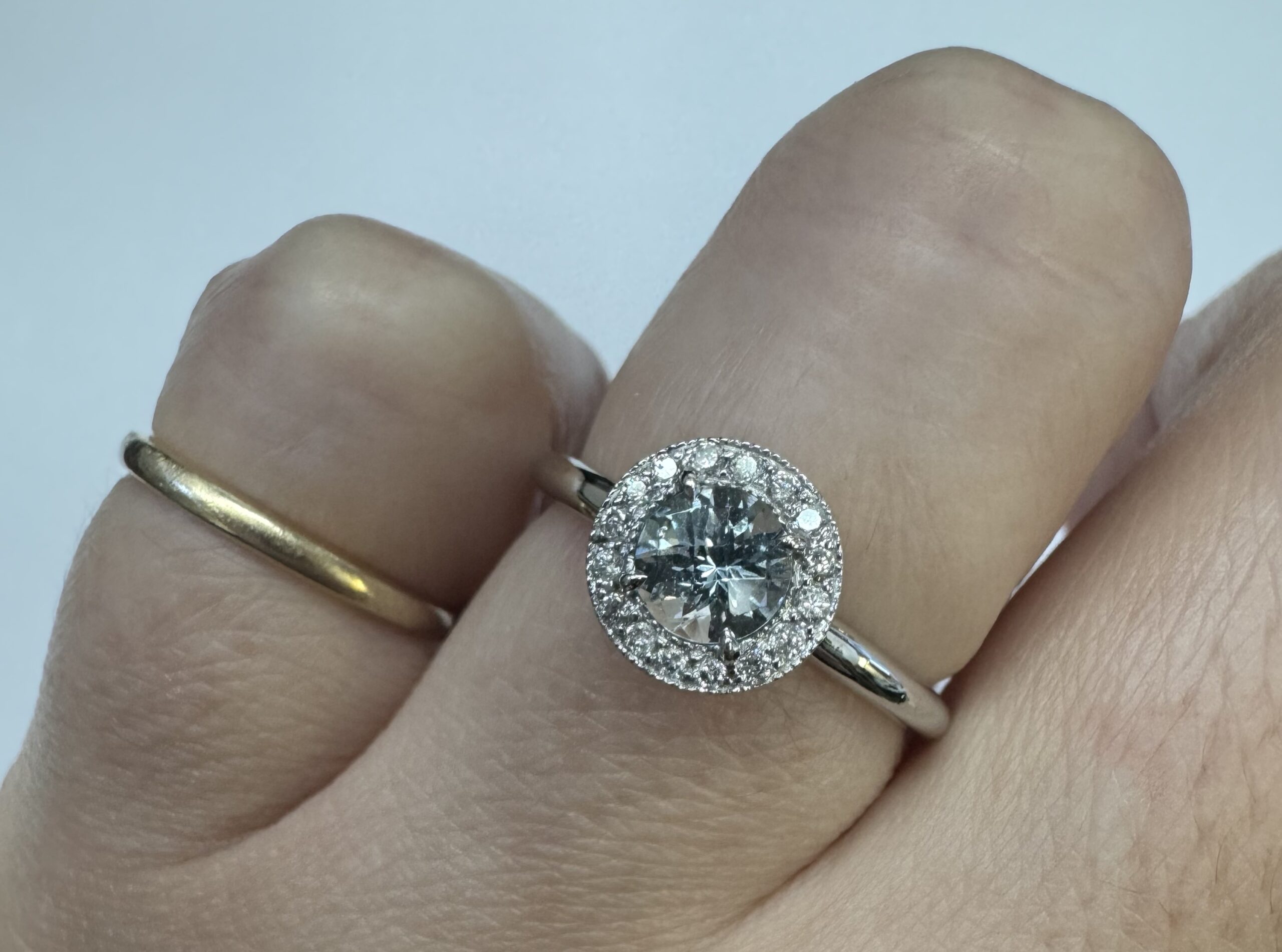 14k White Gold Genuine 1/2 Carat Aquamarine & Diamond Halo Ring - Image 10