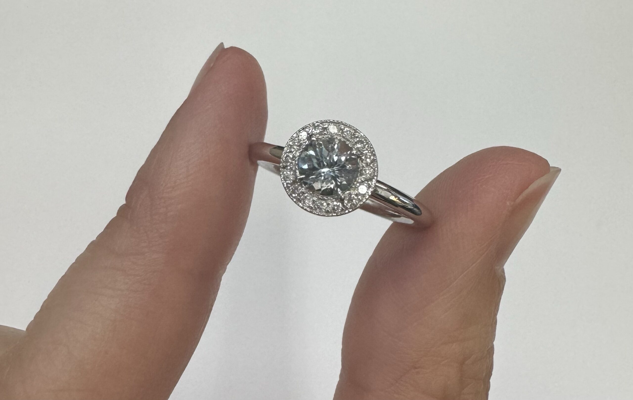 14k White Gold Genuine 1/2 Carat Aquamarine & Diamond Halo Ring - Image 2