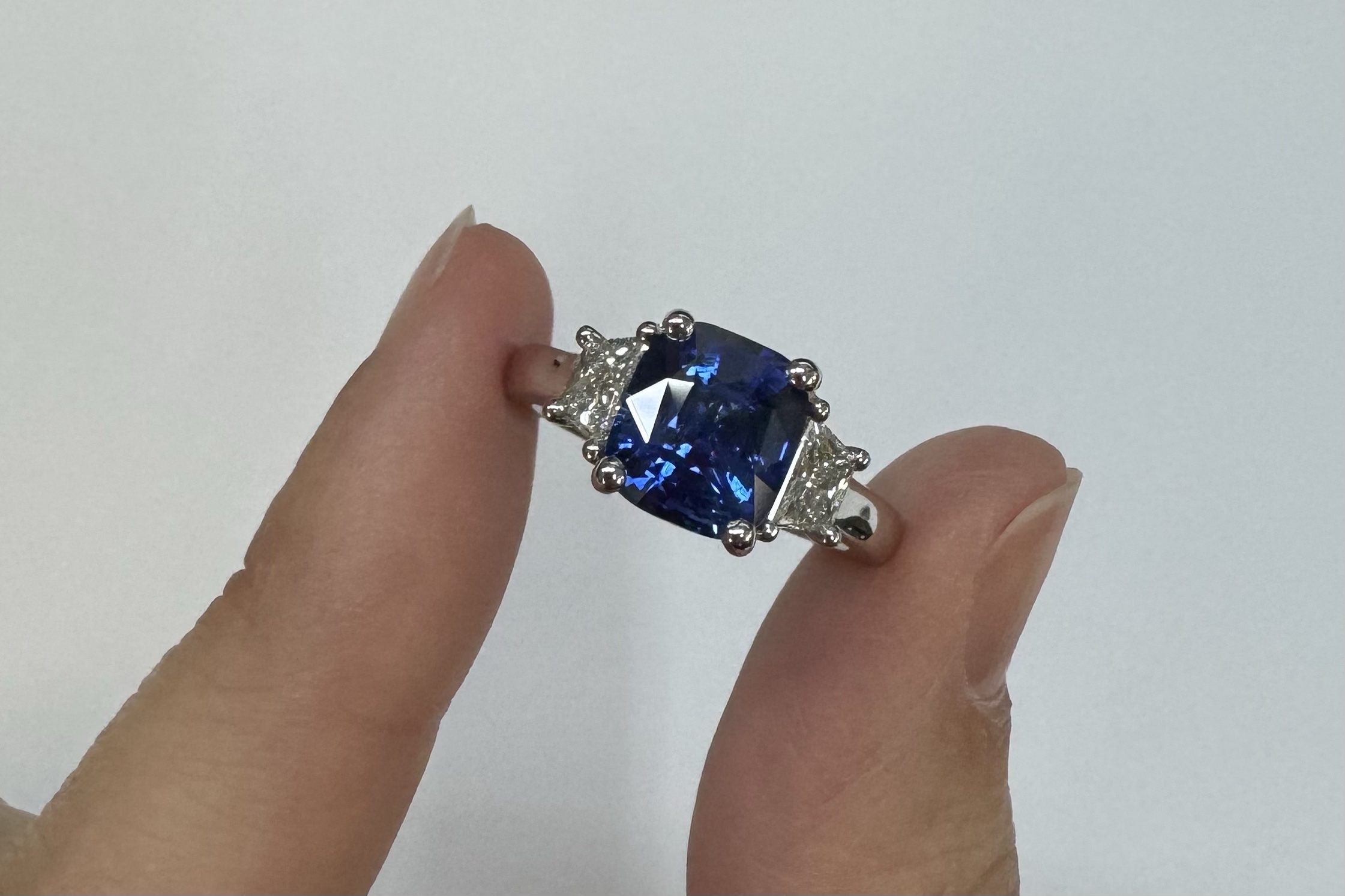Custom Made Platinum Genuine 3.61 Carat Ceylon Sapphire & .55 Cttw Trapezoid Diamond Ring - Image 4