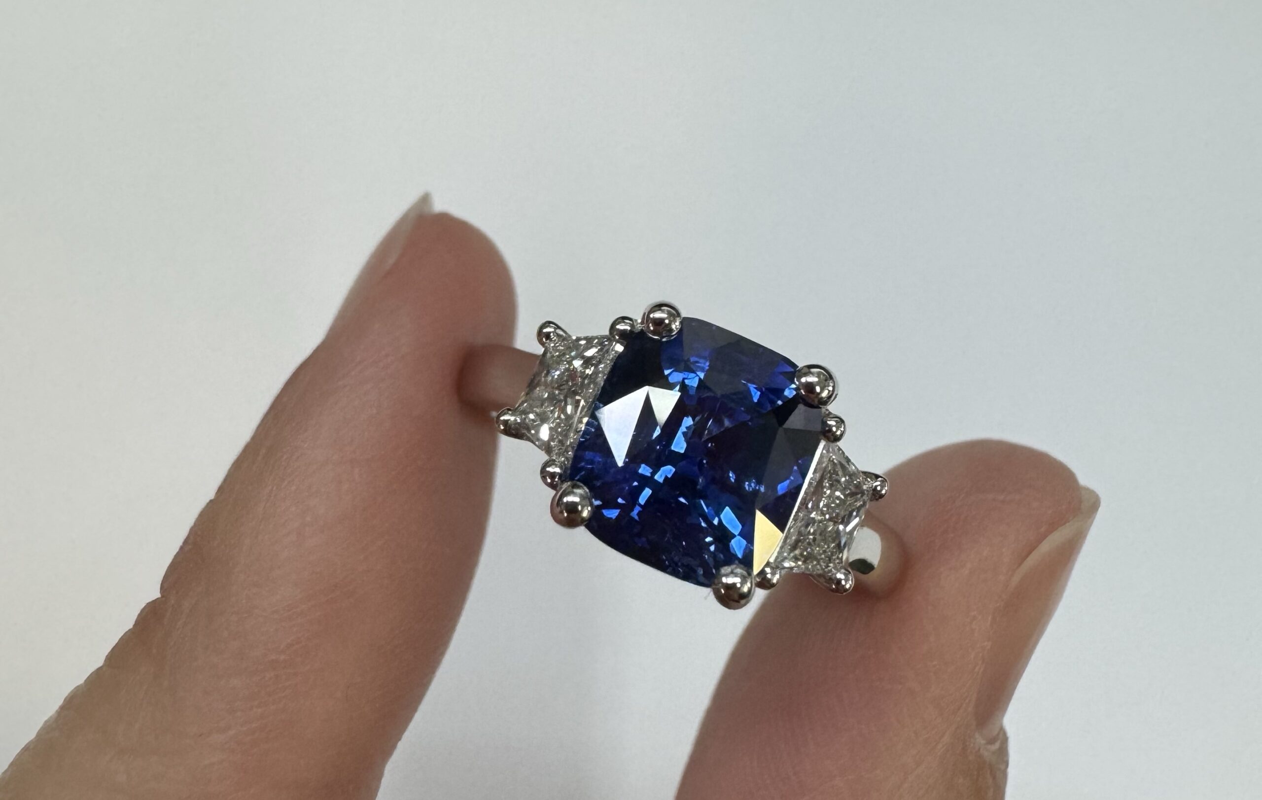 Custom Made Platinum Genuine 3.61 Carat Ceylon Sapphire & .55 Cttw Trapezoid Diamond Ring - Image 2