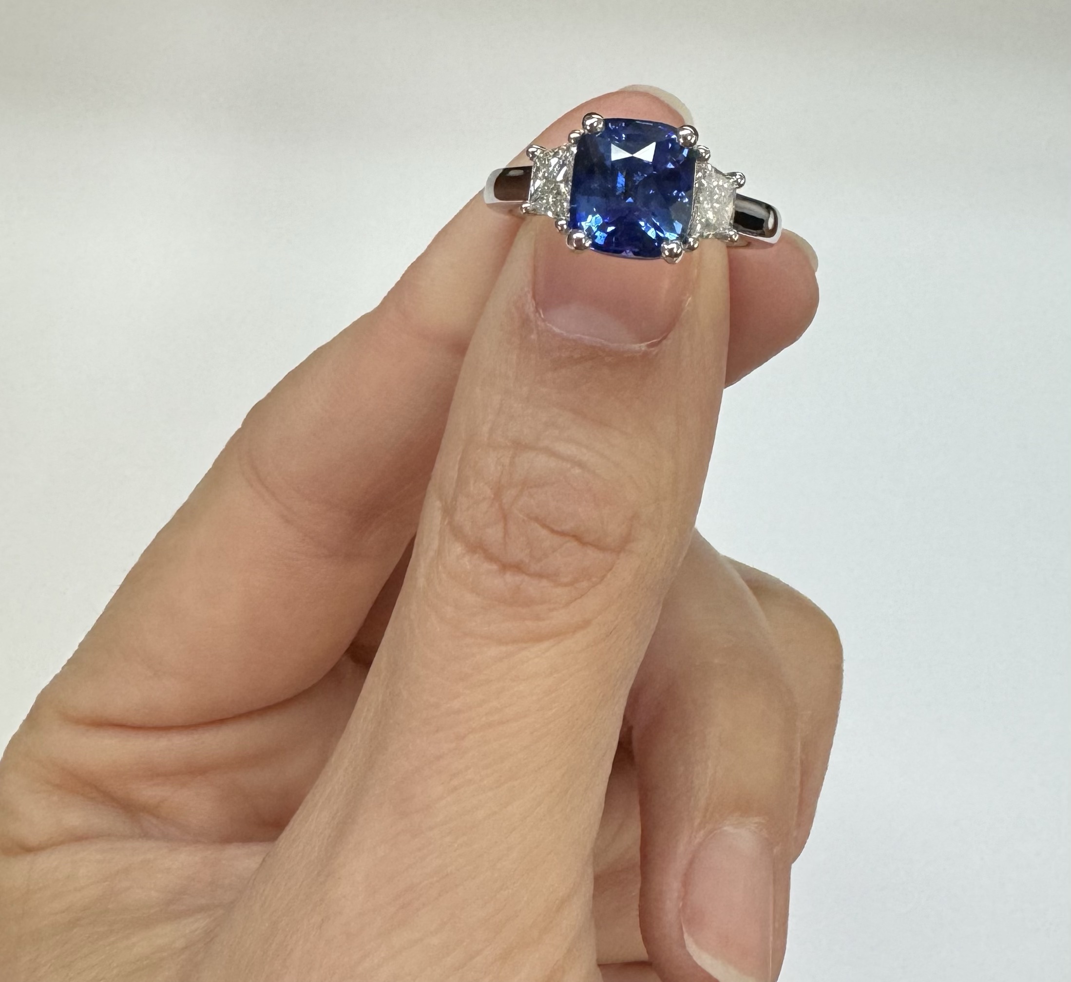 Custom Made Platinum Genuine 3.61 Carat Ceylon Sapphire & .55 Cttw Trapezoid Diamond Ring - Image 13