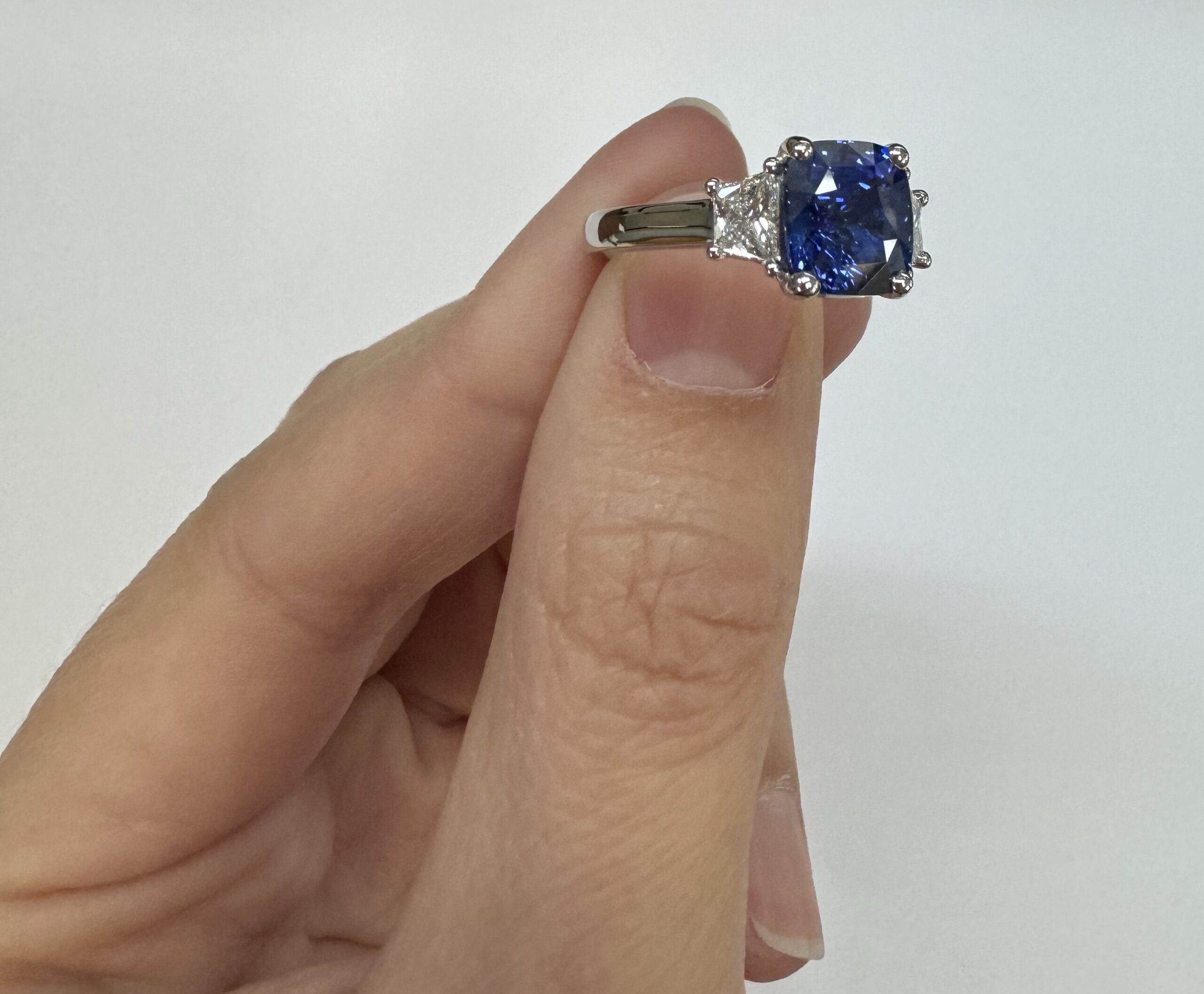 Custom Made Platinum Genuine 3.61 Carat Ceylon Sapphire & .55 Cttw Trapezoid Diamond Ring - Image 14