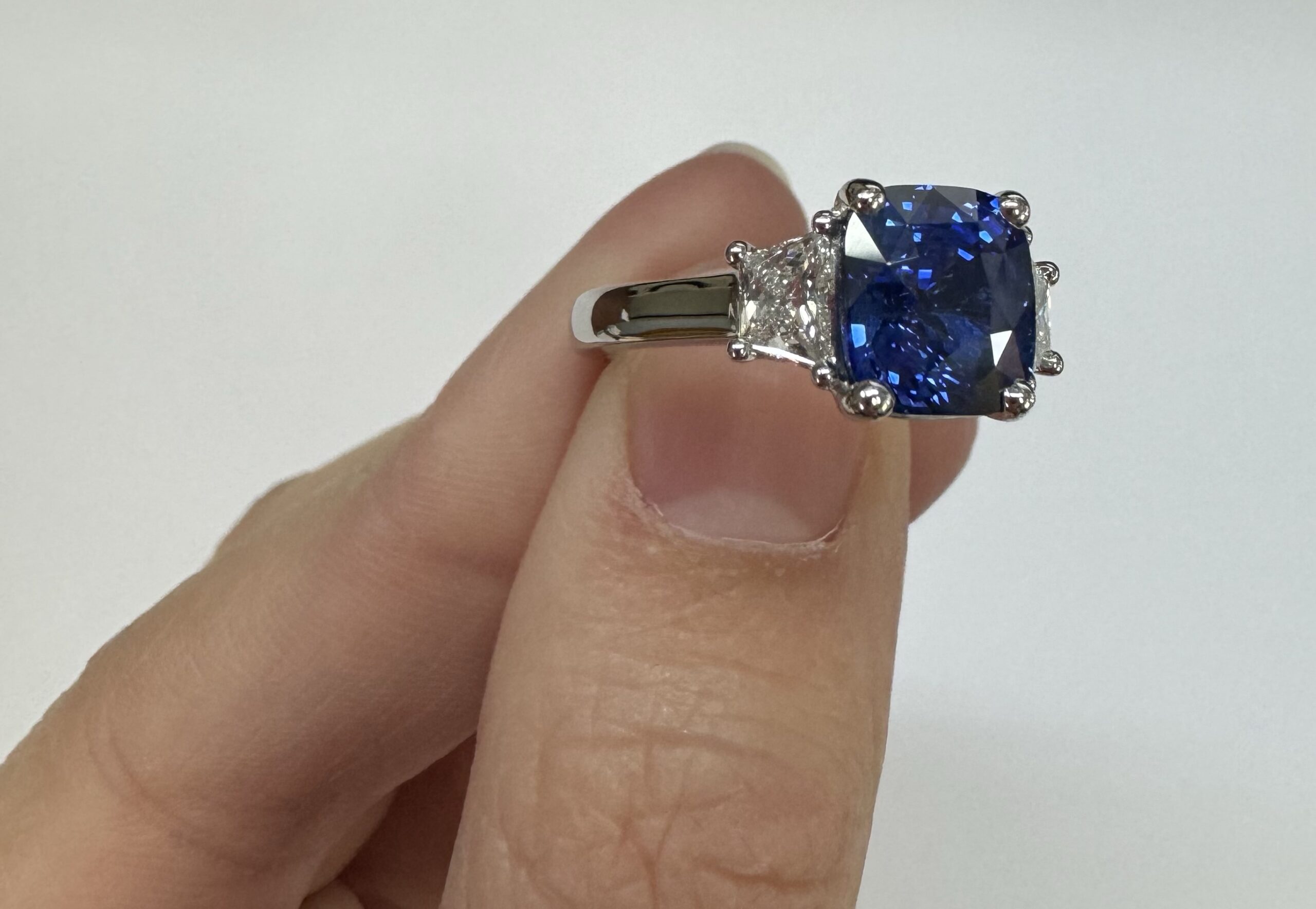 Custom Made Platinum Genuine 3.61 Carat Ceylon Sapphire & .55 Cttw Trapezoid Diamond Ring - Image 15