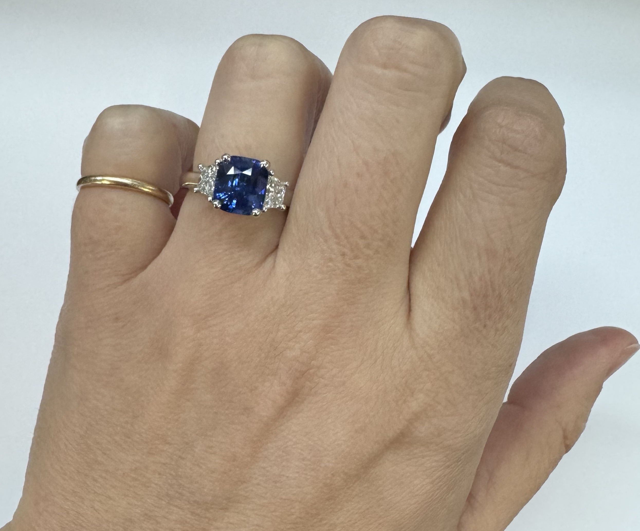 Custom Made Platinum Genuine 3.61 Carat Ceylon Sapphire & .55 Cttw Trapezoid Diamond Ring - Image 25
