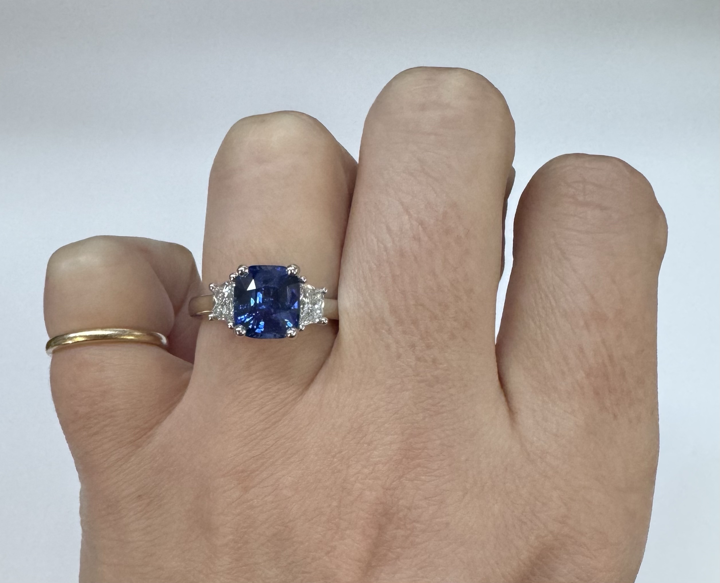 Custom Made Platinum Genuine 3.61 Carat Ceylon Sapphire & .55 Cttw Trapezoid Diamond Ring - Image 29