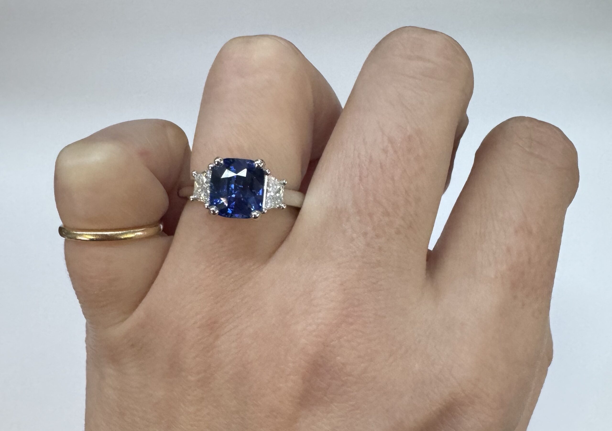 Custom Made Platinum Genuine 3.61 Carat Ceylon Sapphire & .55 Cttw Trapezoid Diamond Ring - Image 33