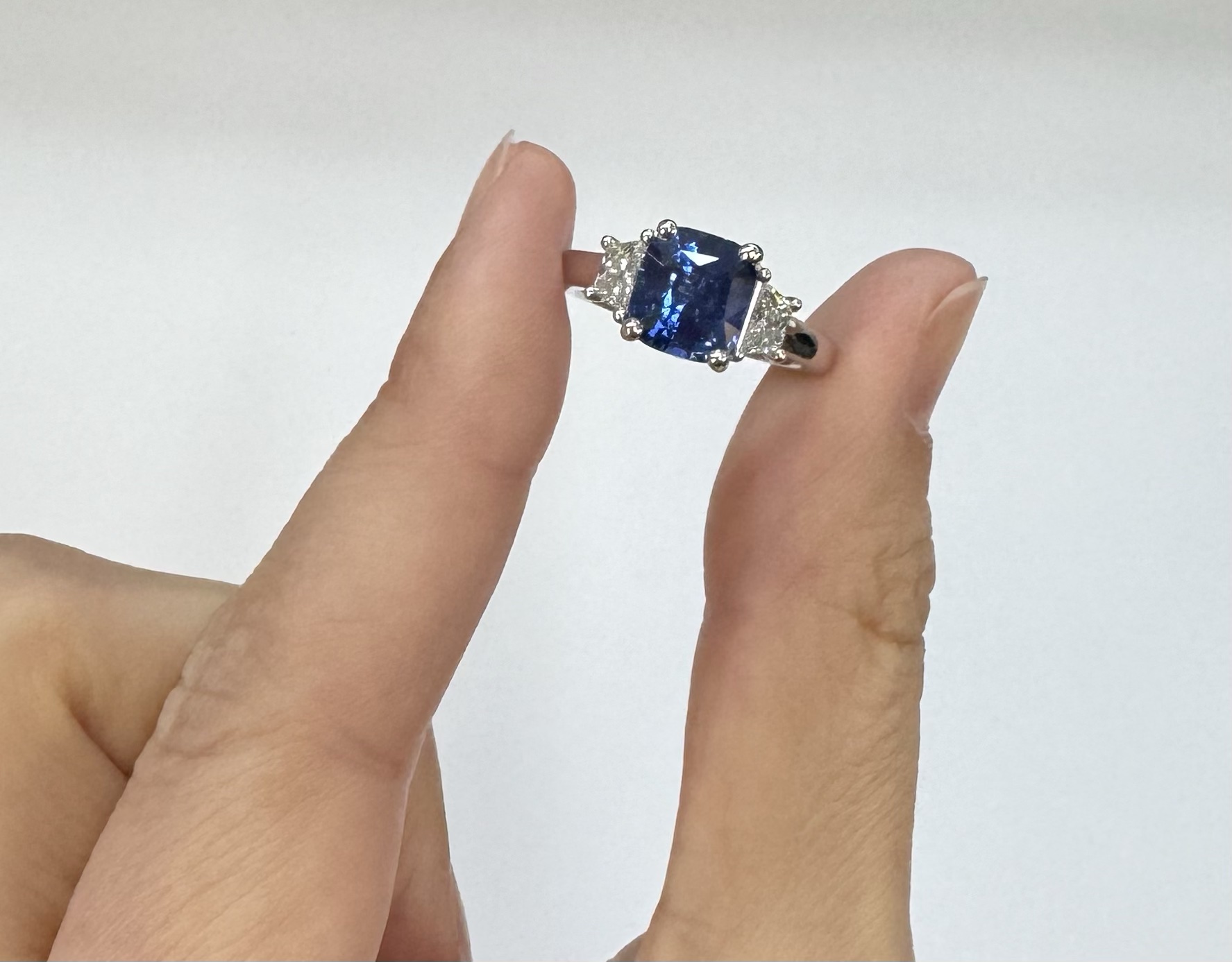 Custom Made Platinum Genuine 3.61 Carat Ceylon Sapphire & .55 Cttw Trapezoid Diamond Ring - Image 44