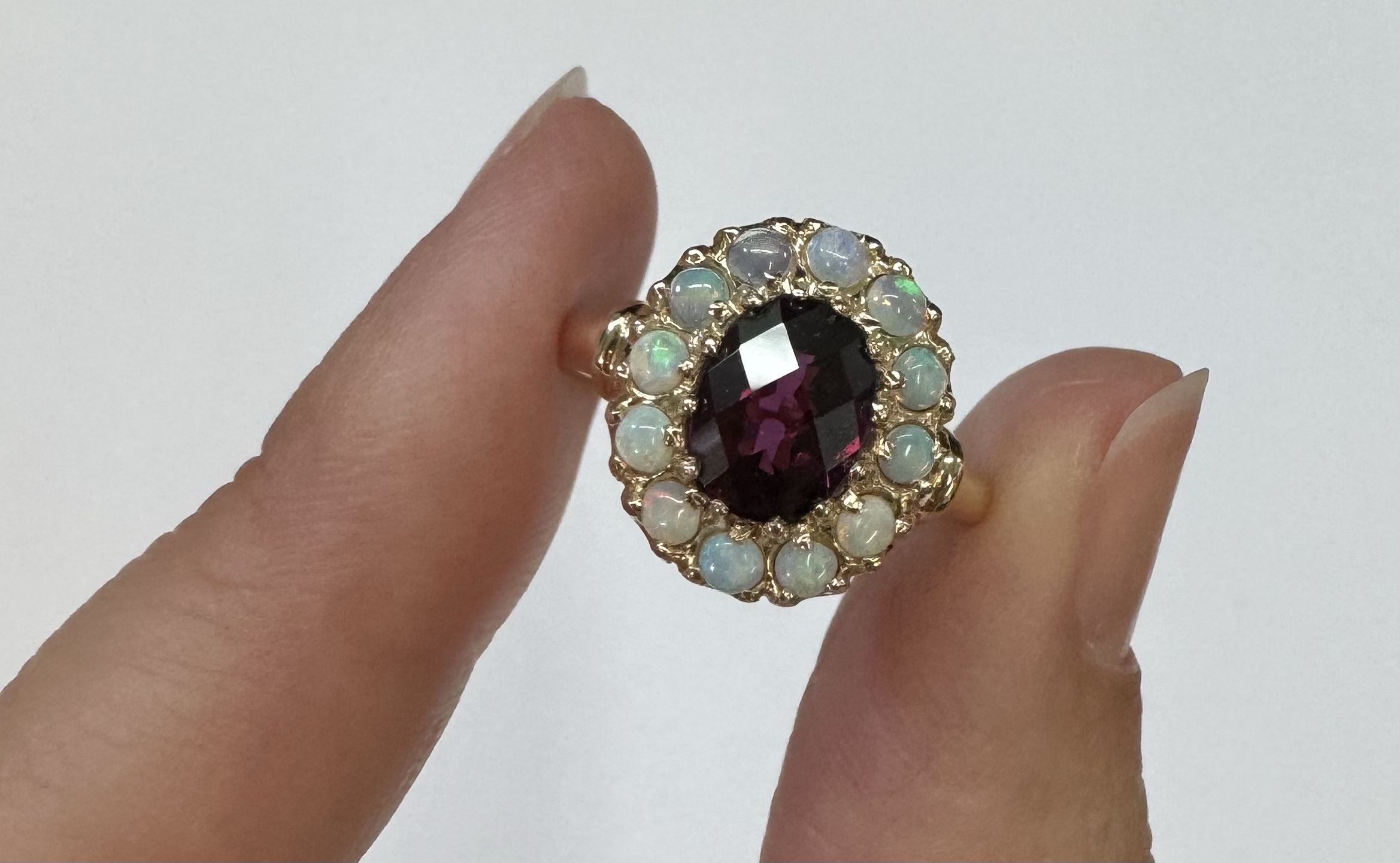 Antique 14k Yellow Gold Genuine Garnet & Diamond Cluster Ring - Image 2
