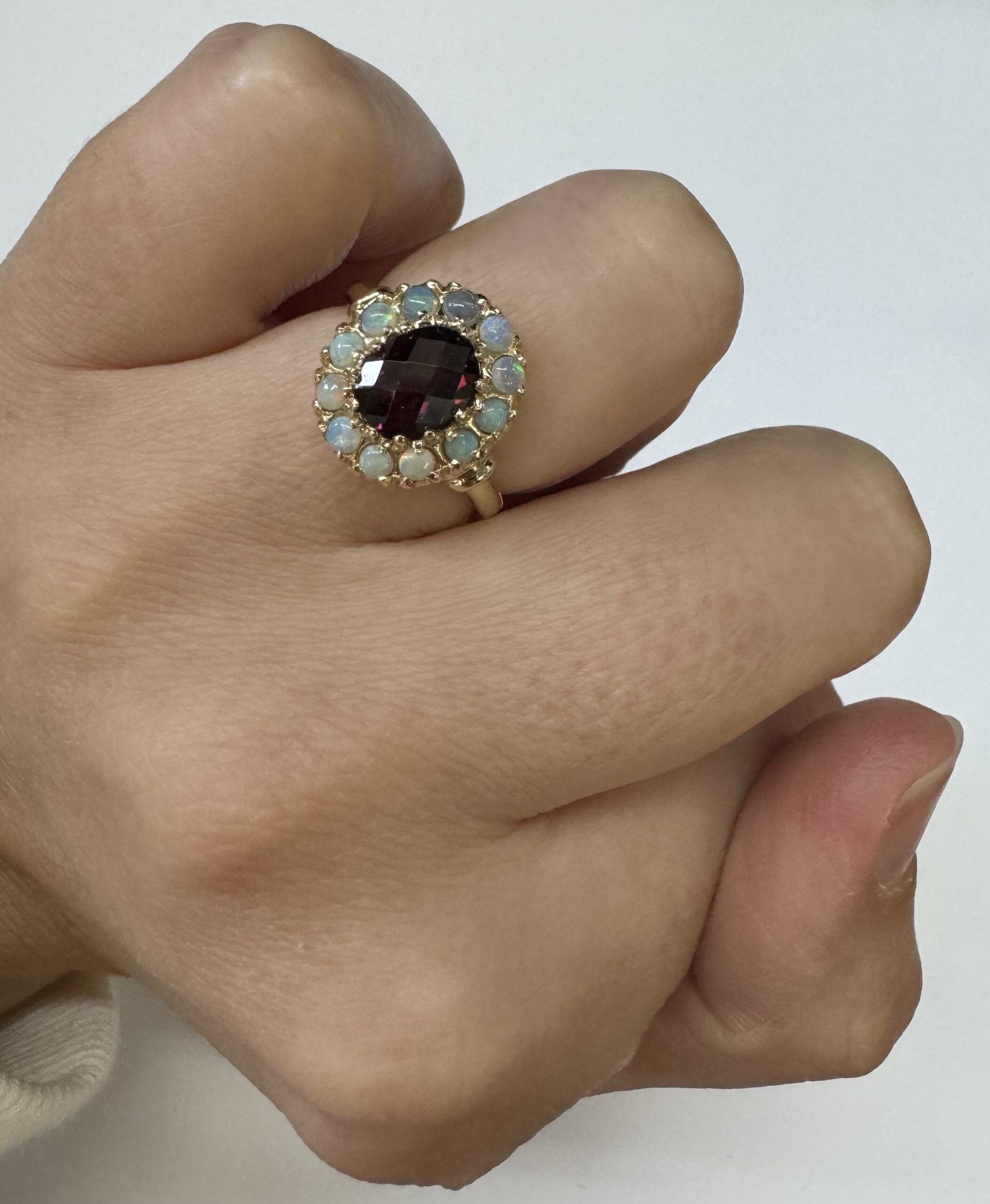 Antique 14k Yellow Gold Genuine Garnet & Diamond Cluster Ring - Image 7