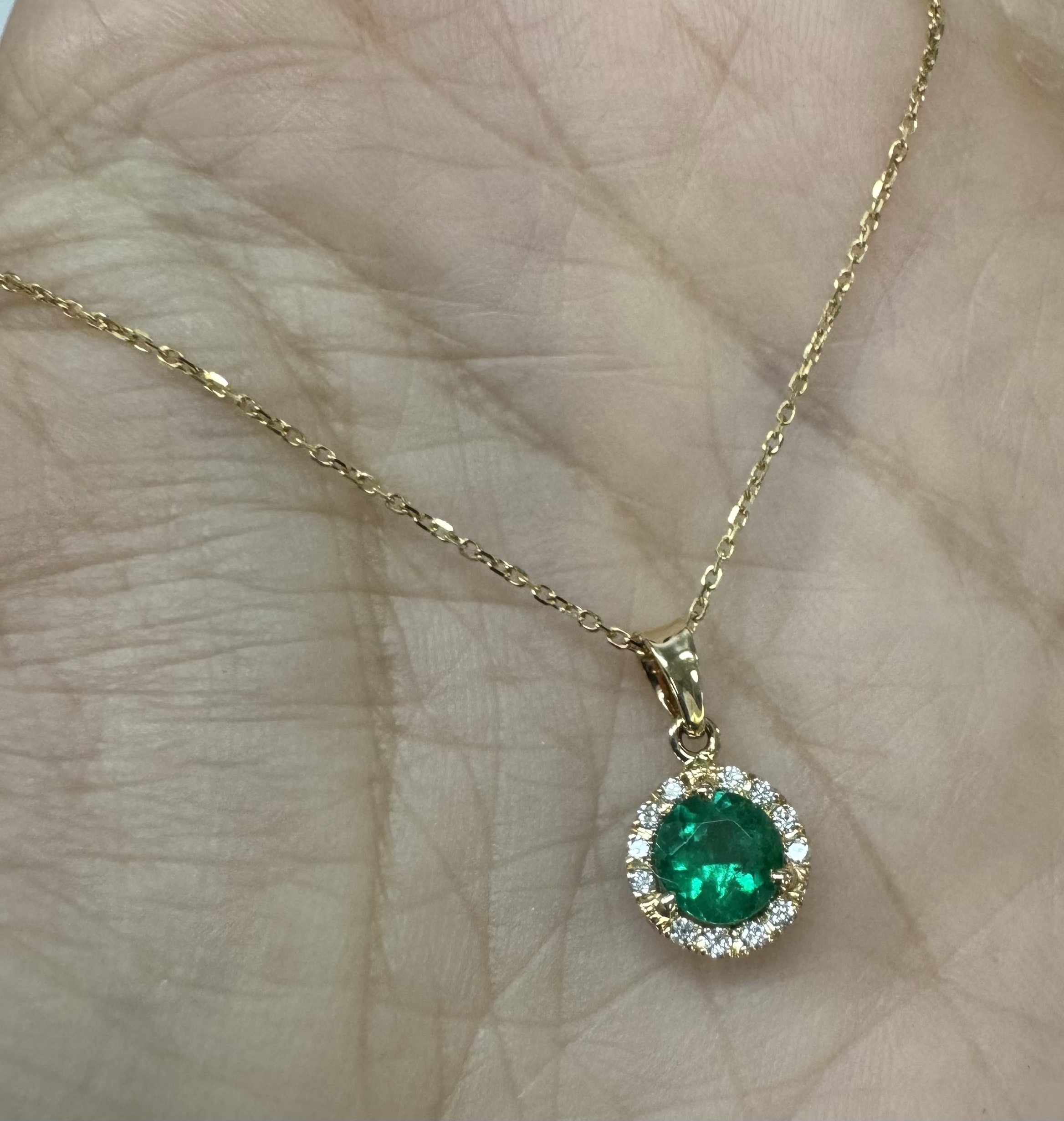 14k Yellow Gold Genuine .94 Cttw Emerald & .11 Cttw Round Brilliant Cut Diamond Halo Pendant - Image 6