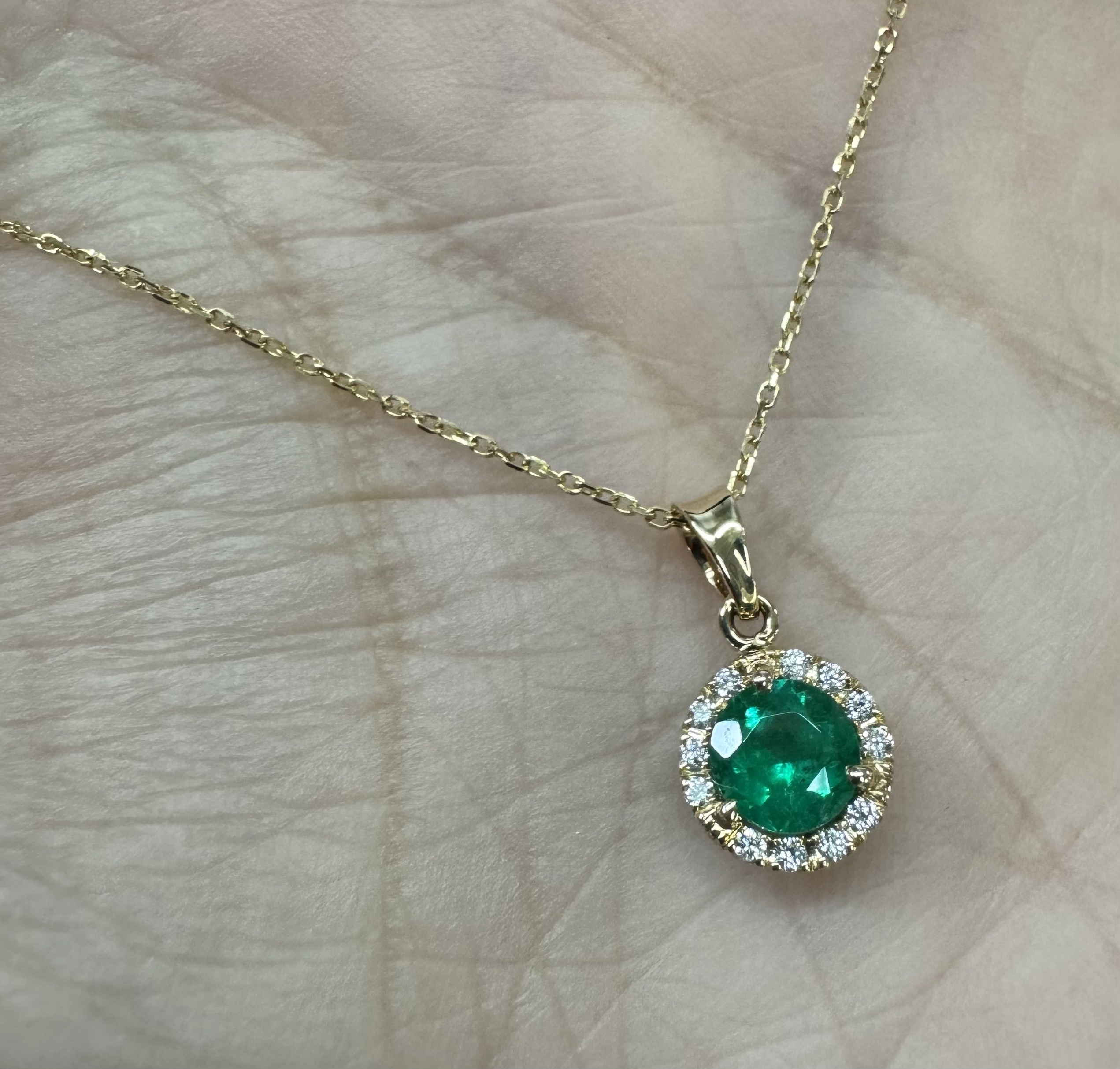 14k Yellow Gold Genuine .94 Cttw Emerald & .11 Cttw Round Brilliant Cut Diamond Halo Pendant - Image 7