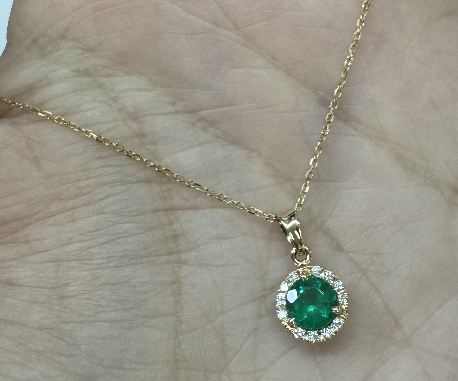 14k Yellow Gold Genuine .94 Cttw Emerald & .11 Cttw Round Brilliant Cut Diamond Halo Pendant - Image 5