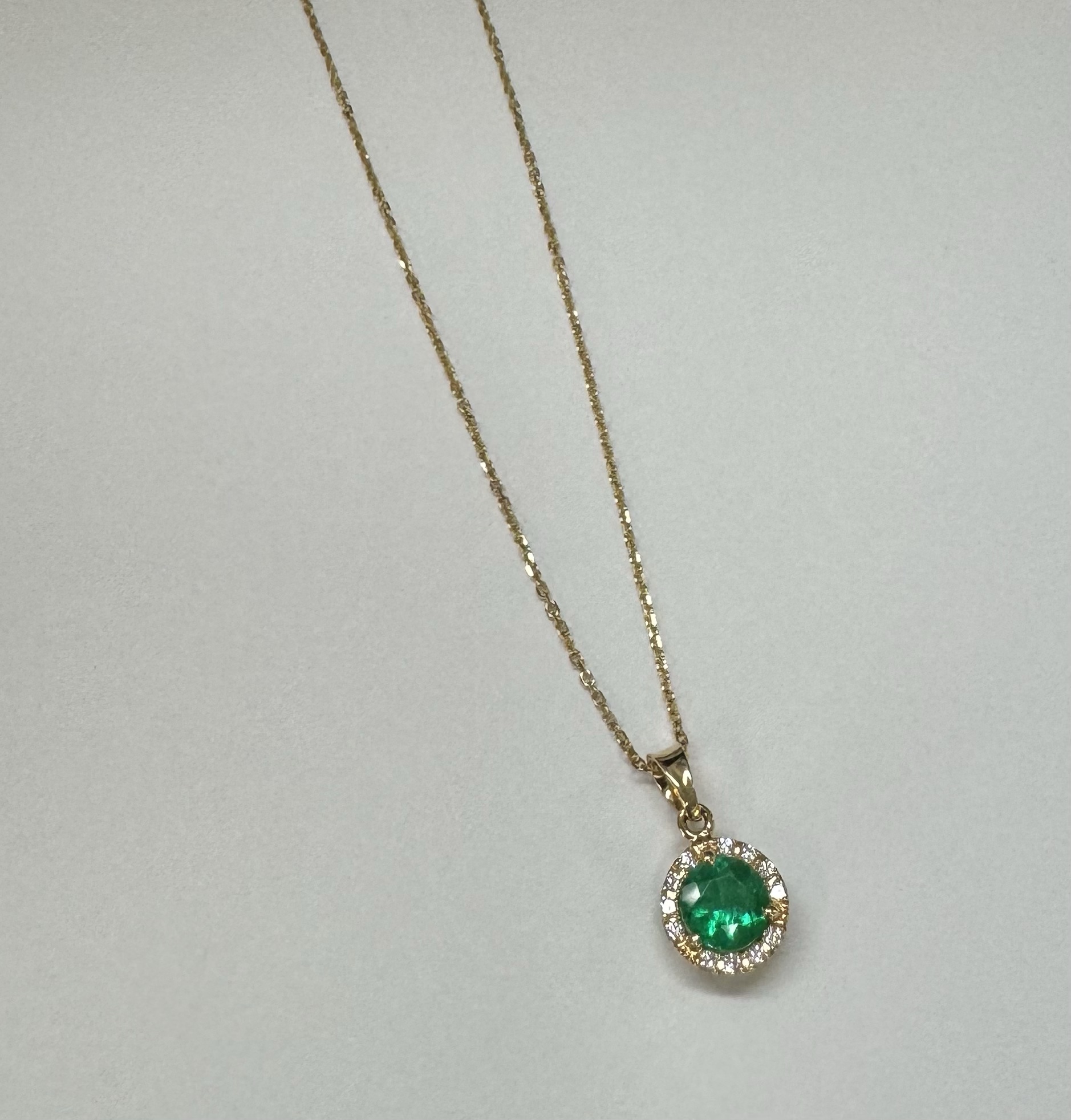 14k Yellow Gold Genuine .94 Cttw Emerald & .11 Cttw Round Brilliant Cut Diamond Halo Pendant - Image 2