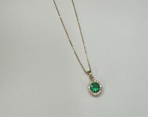14k Yellow Gold Genuine .94 Cttw Emerald & .11 Cttw Round Brilliant Cut Diamond Halo Pendant