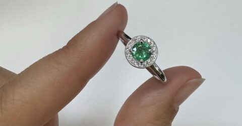 14k White Gold Genuine .55 Cttw Emerald & Diamond Halo Ring