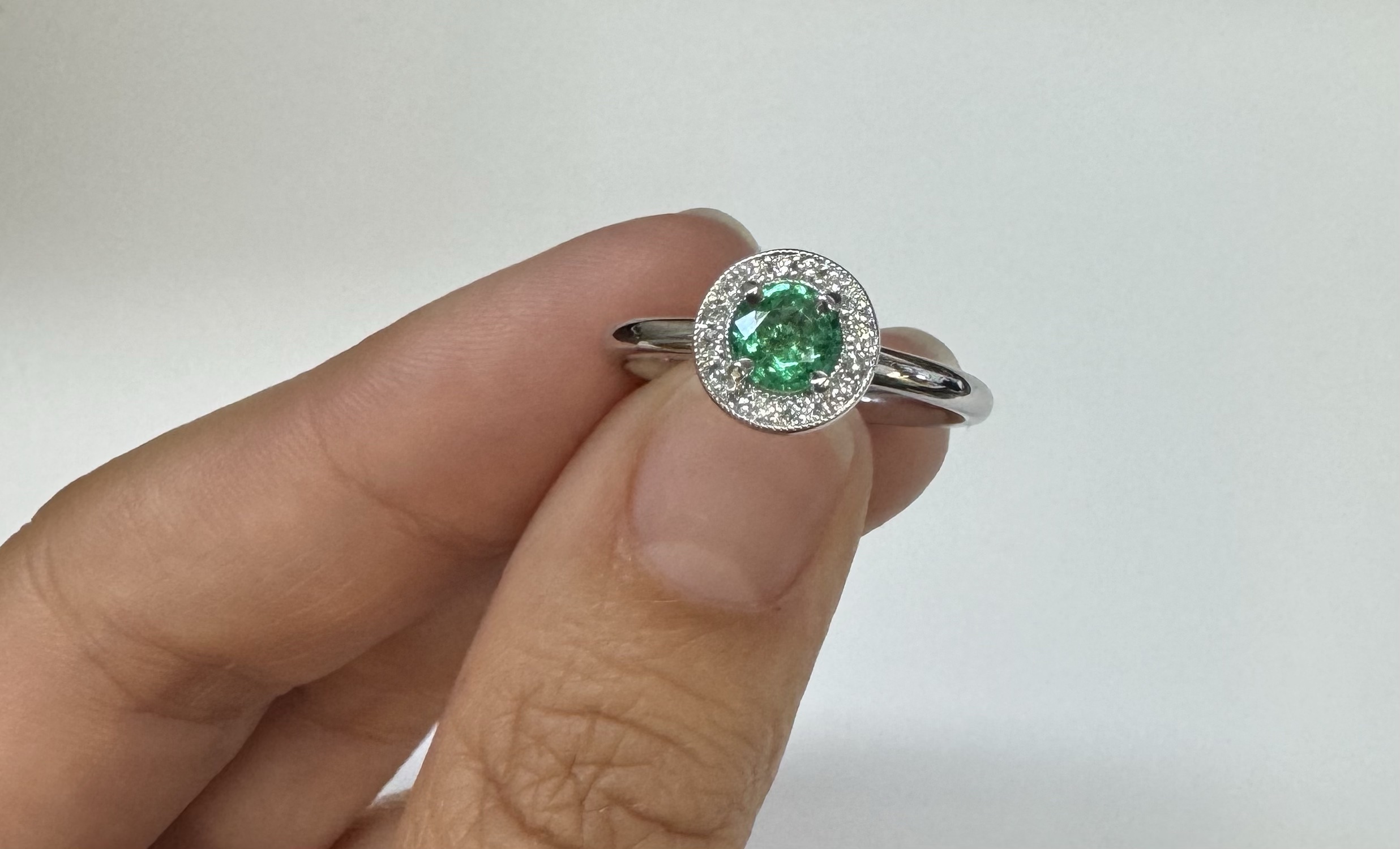 14k White Gold Genuine .55 Cttw Emerald & Diamond Halo Ring - Image 7