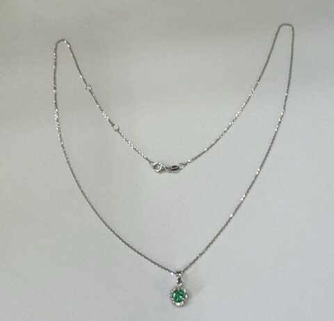 14k White Gold Genuine .49 Cttw Emerald & Diamond Halo Pendant