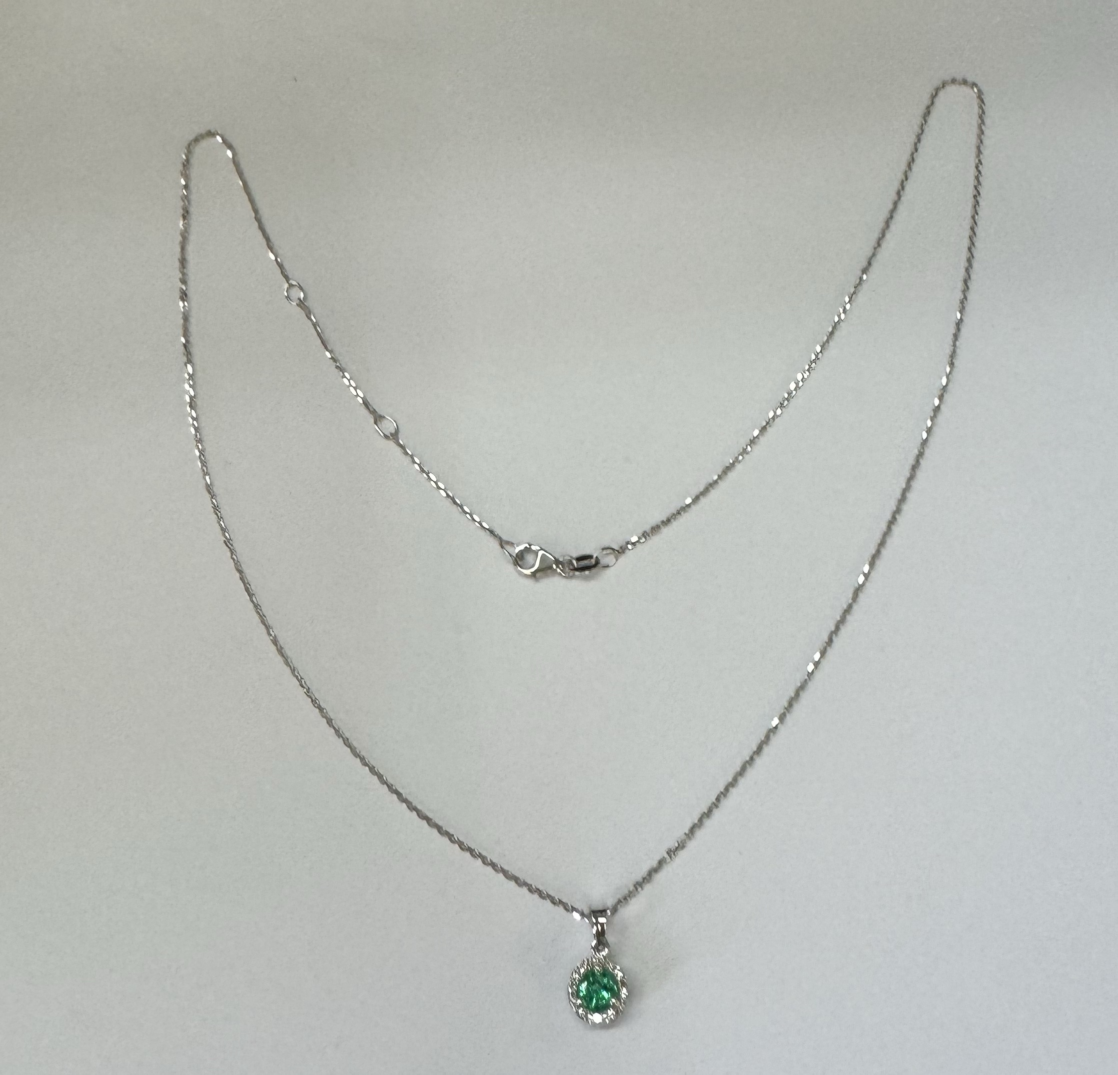 14k White Gold Genuine .49 Cttw Emerald & Diamond Halo Pendant